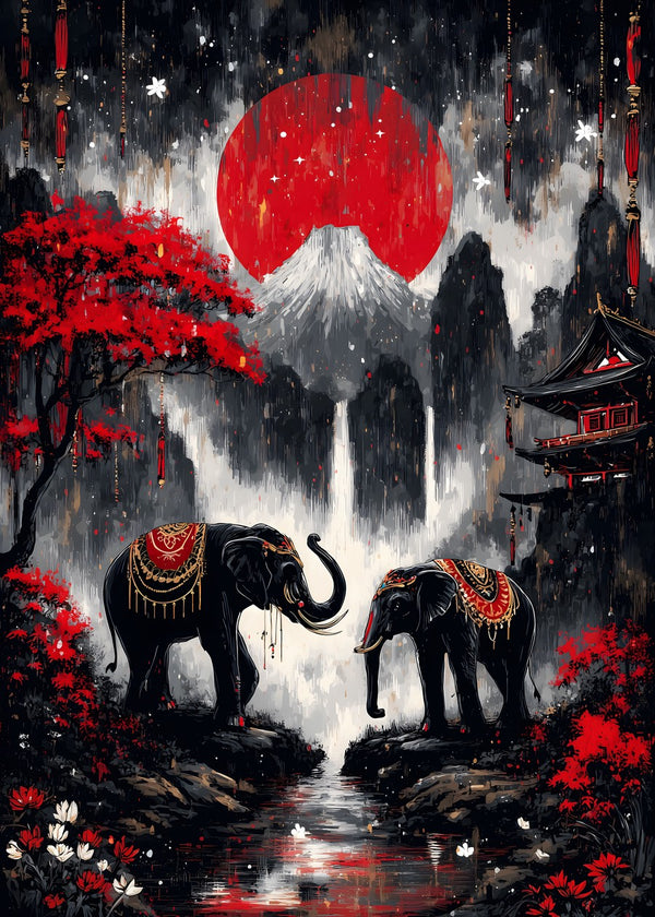 Elephants Under the Scarlet Mo