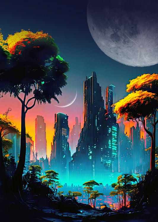 Neon cyberpunk city with Moons
