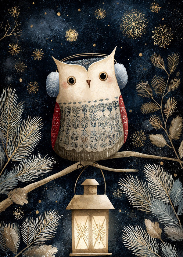 Owl with Lantern & Snowflakes