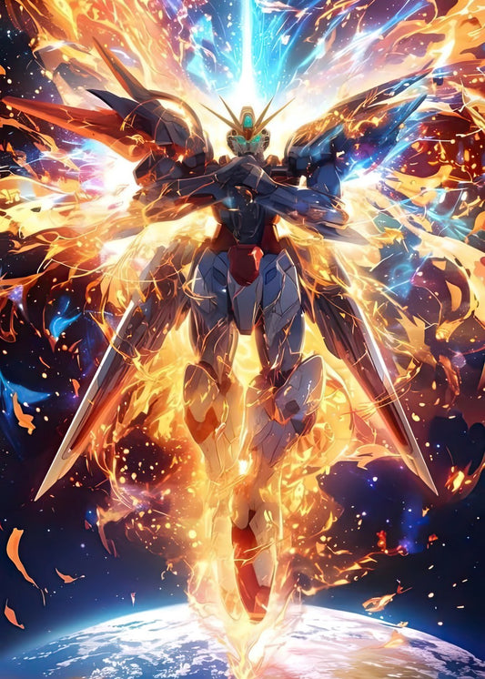 Fiery Gundam Robot over Earth