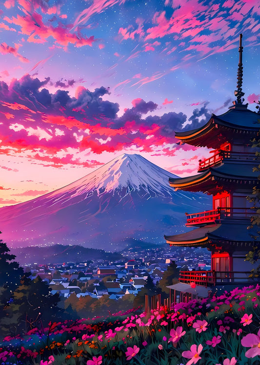 Mount Fuji Temple at Sunset