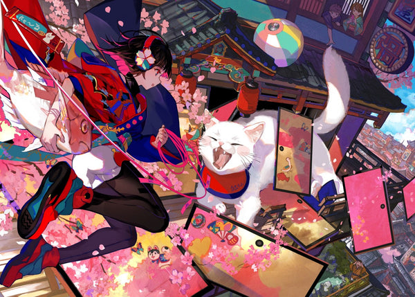 Japanese Anime girl with funny cat