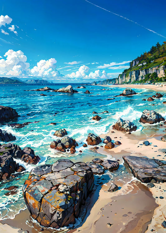 coastal scene clear blue sky