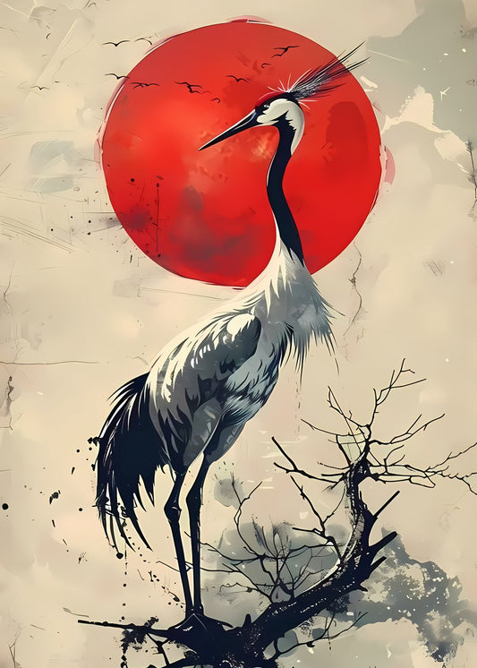Crane and Red Sun Art