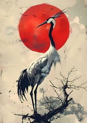 Crane and Red Sun Art