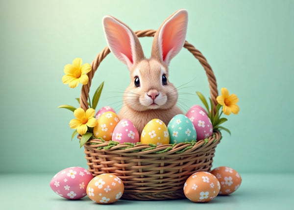 Bunny on Easter Eggs Basket