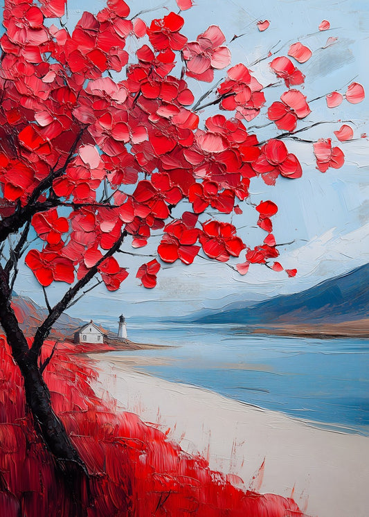 Crimson Blossoms by the Shore