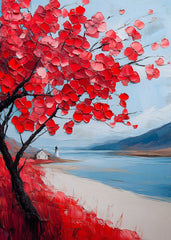 Crimson Blossoms by the Shore