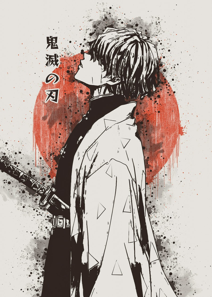 A minimalist black and white watercolor-style illustration of Zenitsu Agatsuma from Demon Slayer, capturing his cool and determined expression. The artwork features a simple yet powerful Japanese art style, emphasizing Zenitsu's strength and character in a unique and stylish way.

