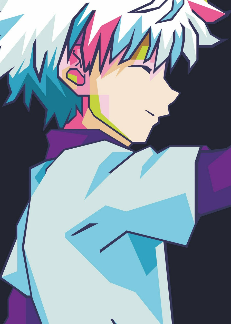 WPAP illustration of Killua Zoldyck from Hunter x Hunter with bold geometric colors.