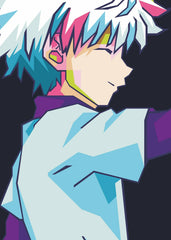 WPAP illustration of Killua Zoldyck from Hunter x Hunter with bold geometric colors.